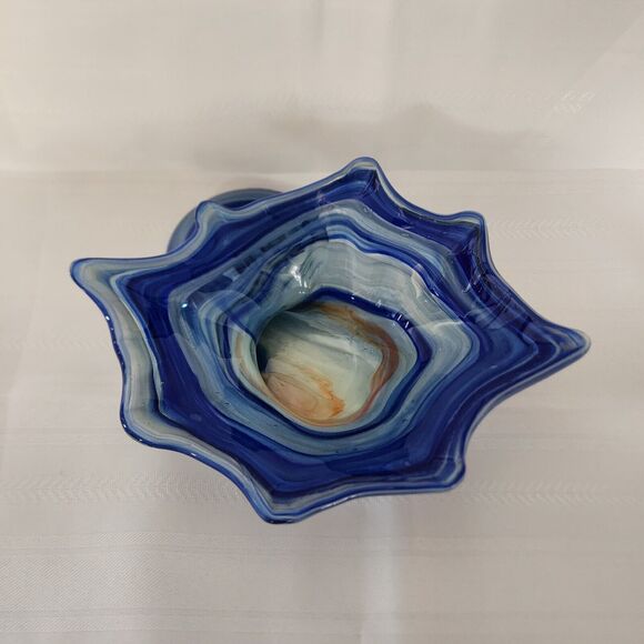 Sooner Bubble Art Glass Blue Free Form Cornucopia Candy Dish Hand Blown USA - Picture 5 of 14